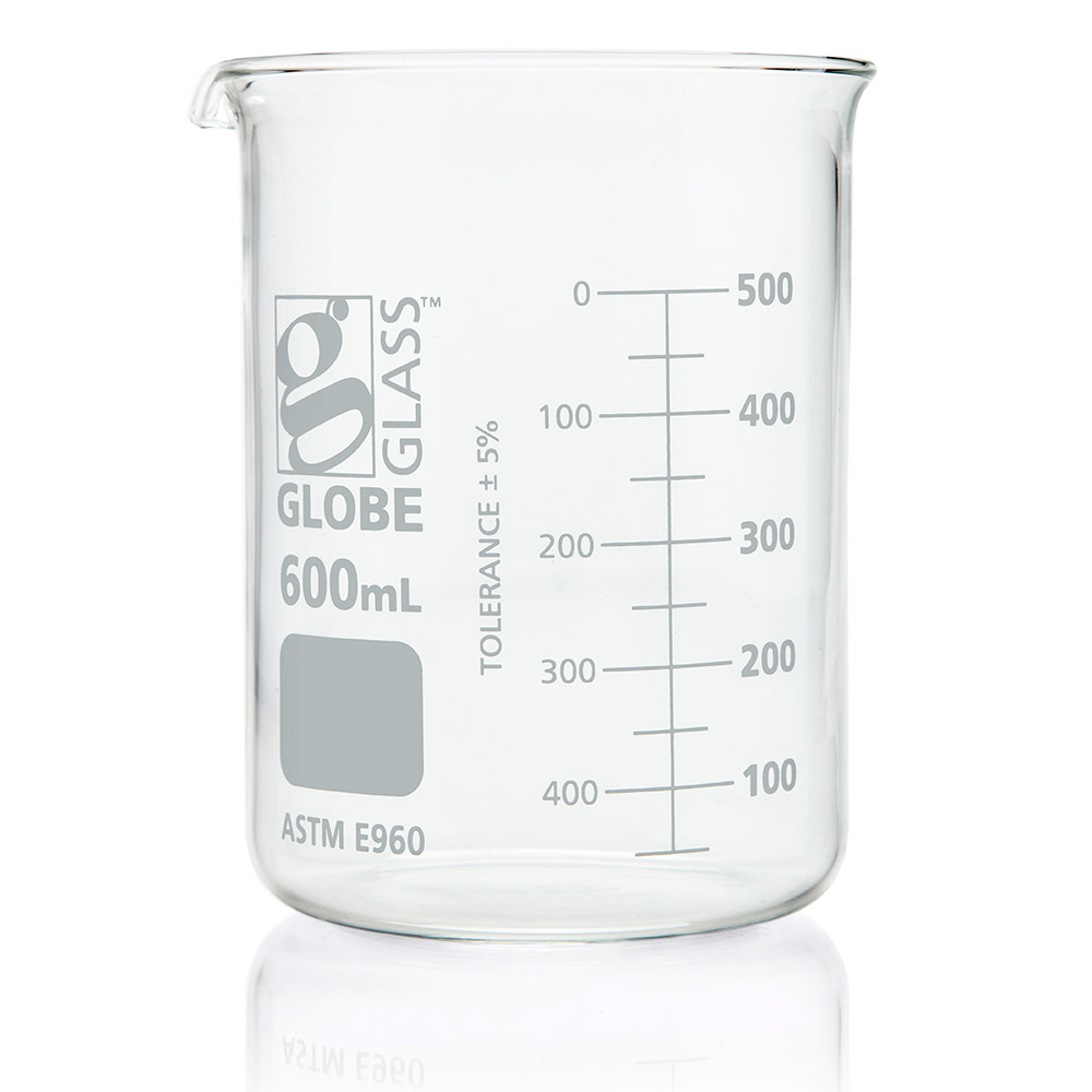 Globe Scientific Beaker, Globe Glass, 600mL, Low Form Griffin Style, Dual Graduations, ASTM E960, 6/Box Image
